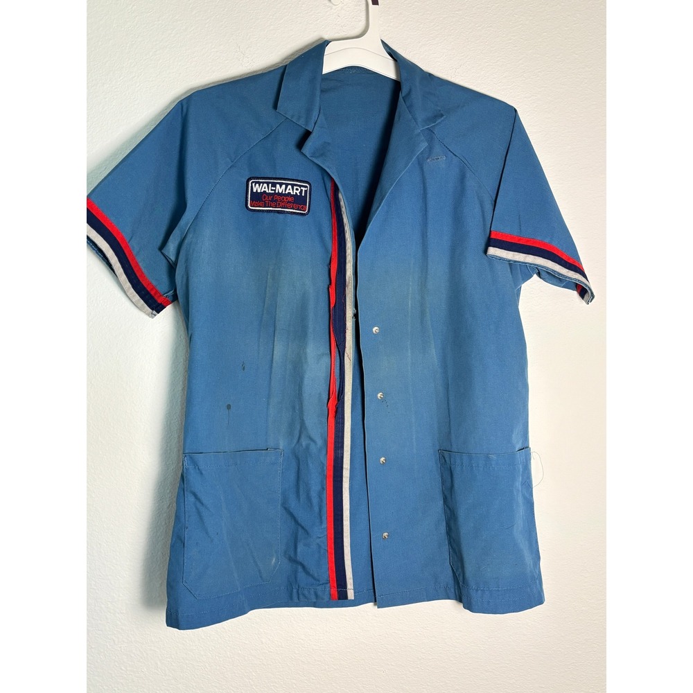 Vintage Walmart Employee Uniform Smock Blue Work Shirt Our People Patch Large